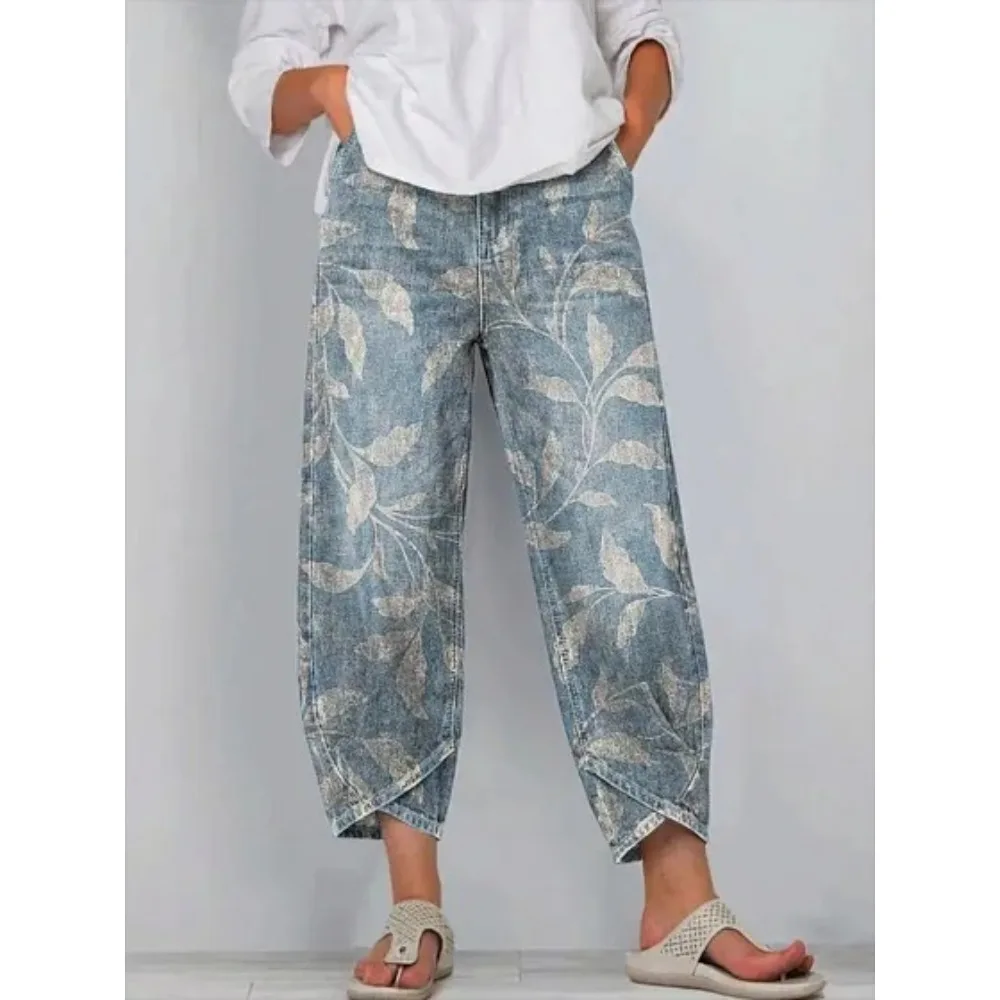 Damen Baumwoll-Caprihose mit Blumenmuster, Lässige Weite Haremshose in Knöchellänge mit Tulpenabschluss, Jogginghose für Tägliche Outdoor-Aktivitäten – Detail 12