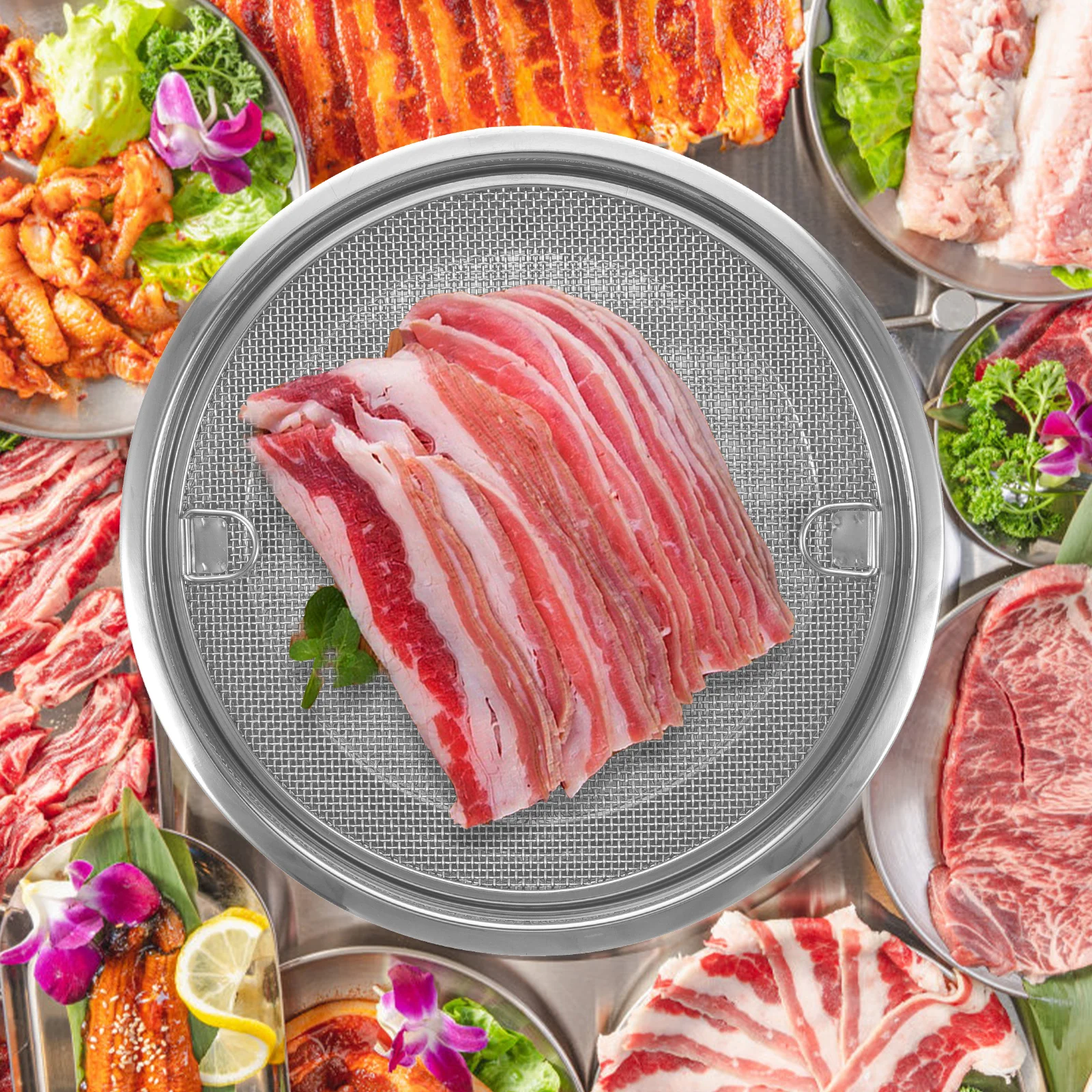 

Oil Filter Pan 201 Stainless Steel Plate 304 Mesh Heavy Duty Kitchen Strainer Air Fryer Tray Snacks Dessert Food Container