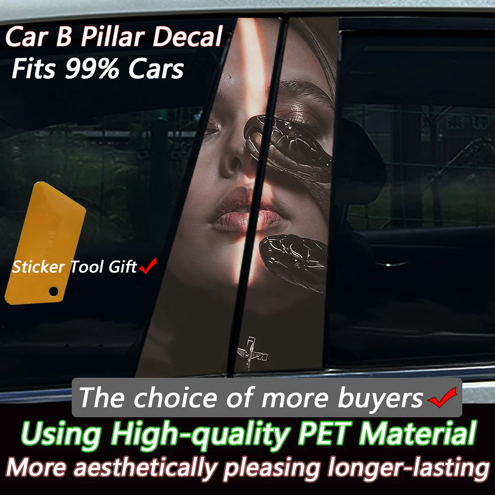 2PCS Gothic Snake & Cross Woman Car B-Pillar Stickers, Waterproof Vinyl Decals, Universal Auto Middle Column Decor