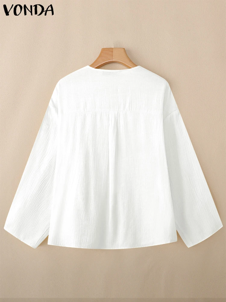 VONDA 커버업 여성용 롱 가디건 2025 패션 레이스업 긴 소매 쉬폰 셔츠 캐주얼 루즈 시스루 빈티지 비치 탑