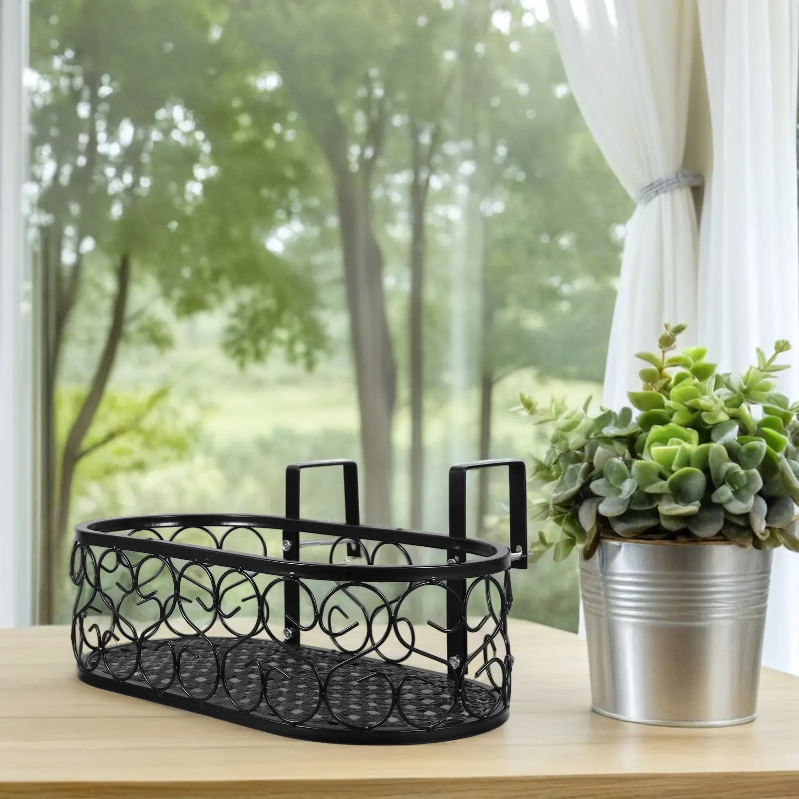 Outdoor Balcony Hanging Flower Pot Rack Metal Railing Plant Holder Elegant Patterned Design Decorative Planter Shelf for Patio