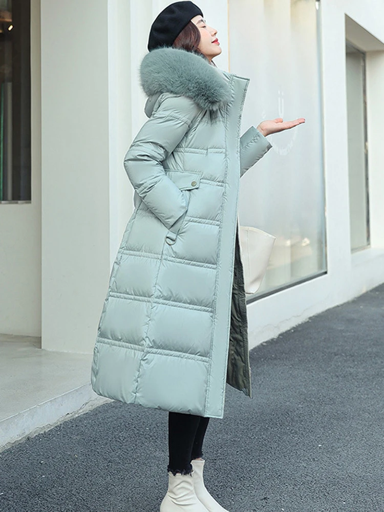 New Winter Long Cotton Down Coats Snow Fur Parka Thicken Warmer Belt Big Pocket Puffer Jacket Over Knee Length Outerwear