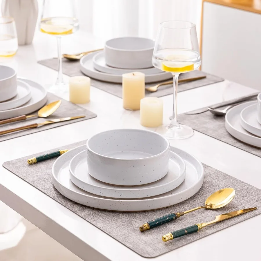 ชุดอาหารเย็นเซรามิกสำหรับ 6 ที่ ประกอบด้วยจานและชามสโตนแวร์ลายจุด พร้อมด้านล่างสีเทอร์ราคอตต้าแบบเรียบง่าย ทนทานต่อการขีดข่วน ใช้กับเครื่องล้างจานได้