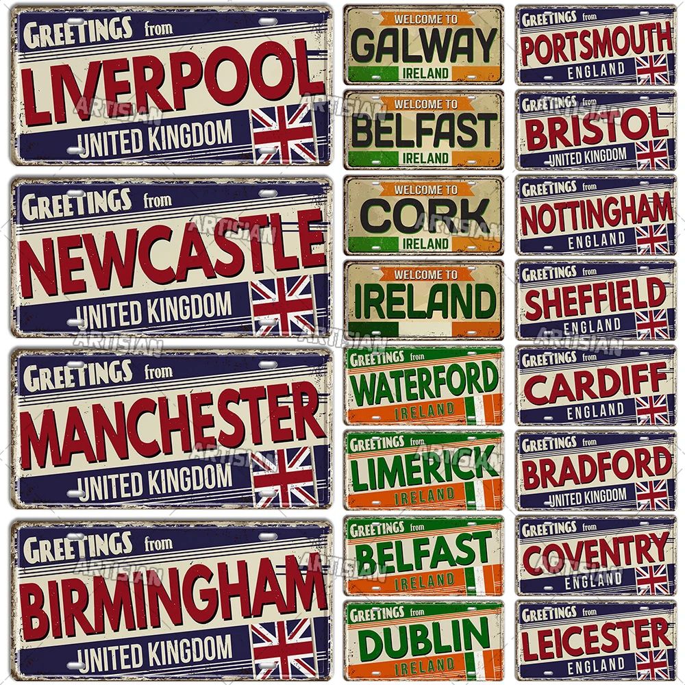 Artisian UK IRELAND Unite Kingdom England License Plate Landmark Metal Sign City State Decorative Plaque Wall Decor Garage Bar