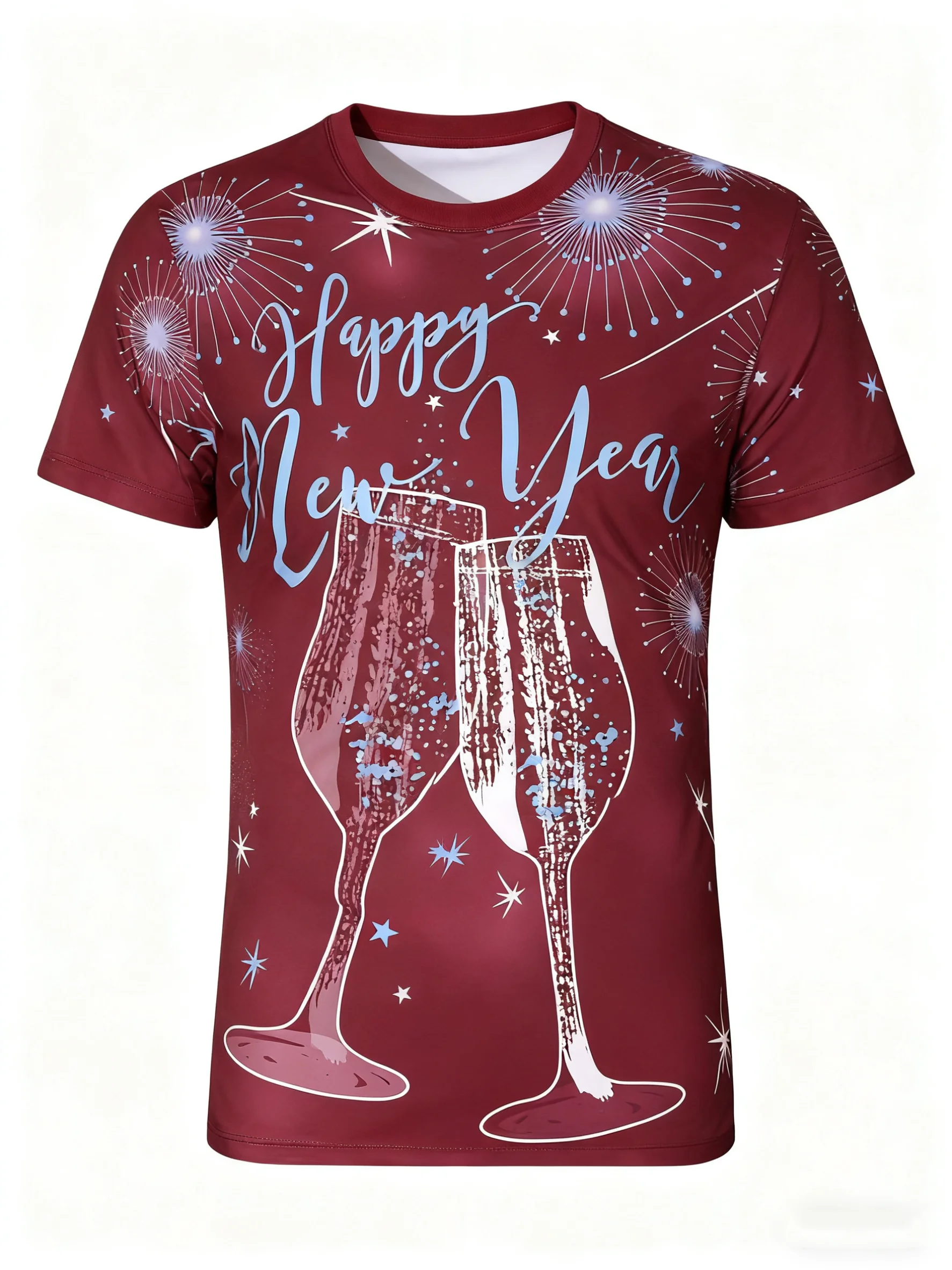 2026 Men's Crew Neck T-Shirt 3D Printed Happy New Year Wine Glass Print Outdoor Christmas Gift Party Casual Short-Sleeve Top