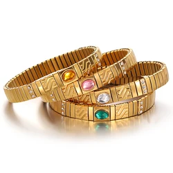 Greatera Inlaid Colorful Rhinestone Stainless Steel Elastic Bracelets Bangles for Women Gold Plated Wristband Waterproof Jewelry