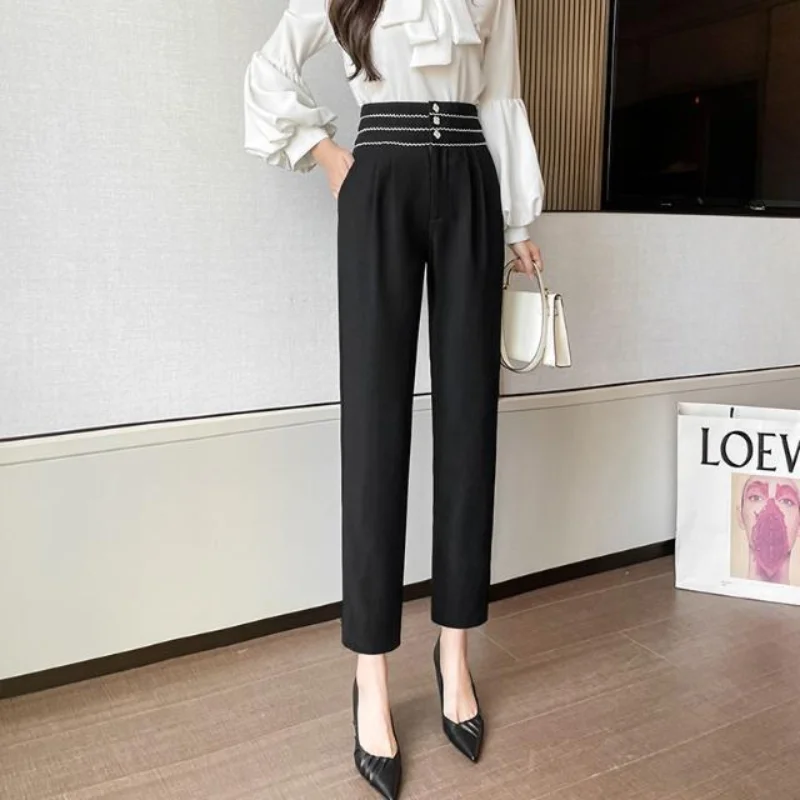 

New Style Spring and Autumn Women's High Waist Slim Buckle Lace Splicing Halun Pants Fashion and Casual Commuter Trousers