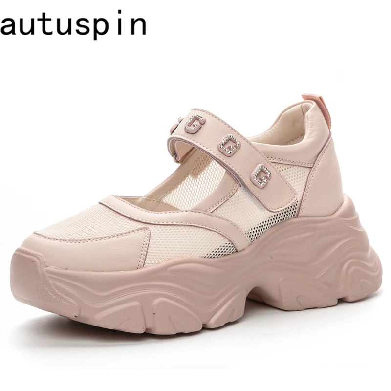 Autuspin Air Mesh Women's Vulcanize Shoes Fashion Pink Sports Sandals Ladies Outdoor Leisure Crystal Decoration Women Sneakers