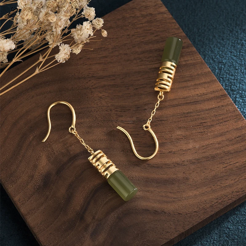 Bloggers Recomendar Chinese Elment Drop Earrings The Palace Style Retro Copper Gold-plated Imitation Jade Ear-Hook Acessórios