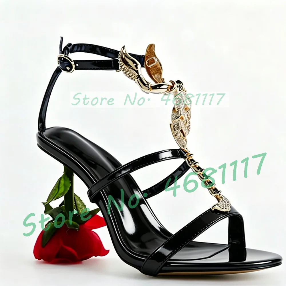 Rose Heel Metal Scorpion Decor Sandals Women Luxury Ankle Strap Flower High Heels Ladies Trendy Summer Metallic Open Toe Sandals