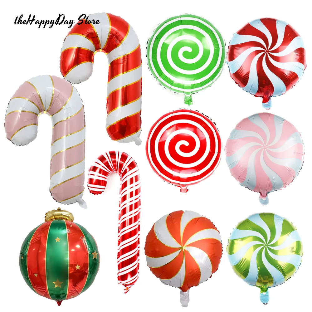 6Pcs Christmas Candy Cane Foil Balloons Round Windmill Lollipops Candy Helium Foil Balloons for Xmas Wedding Birthday Decoration