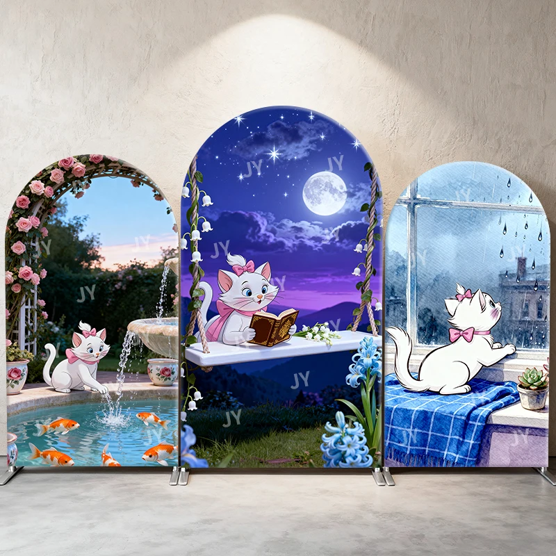 

Marie Cat Arch Backdrop Cover Moon Reading Fountain Scene Cartoon Theme Kids Birthday Baby Shower Photo Booth Decor Background