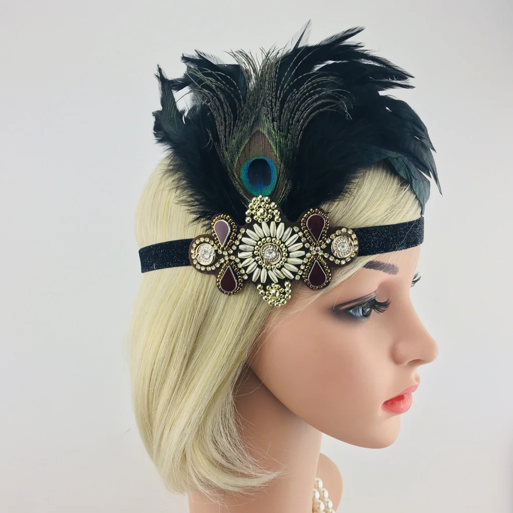 

Gatsby Feather Headband for Woman Vintage Forehead Decorations Black Shiny Rhinestone 1920s Party Headpiece Carnival Accessories