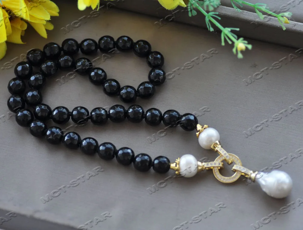 

Z12562 18'' Black Faceted Agate Necklace White Drop Keshi Pearl Pendant CZ