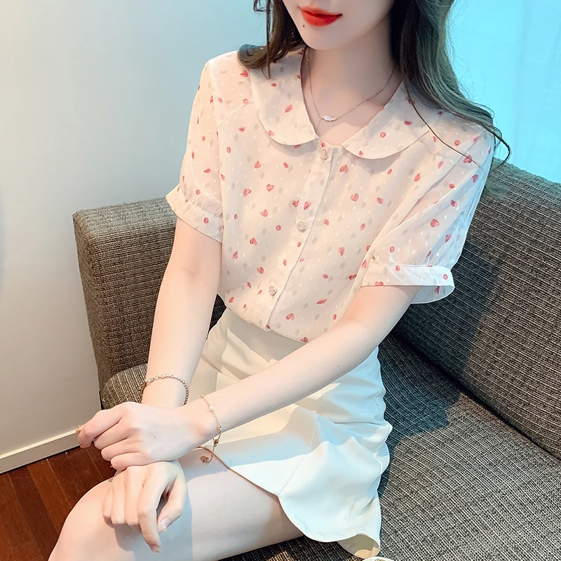 Summer Short Sleeve White Top Female Elegant Fashion Heart Shape Printed Shirts Woman Luxury Casual Loose Blouse For Women Mq90