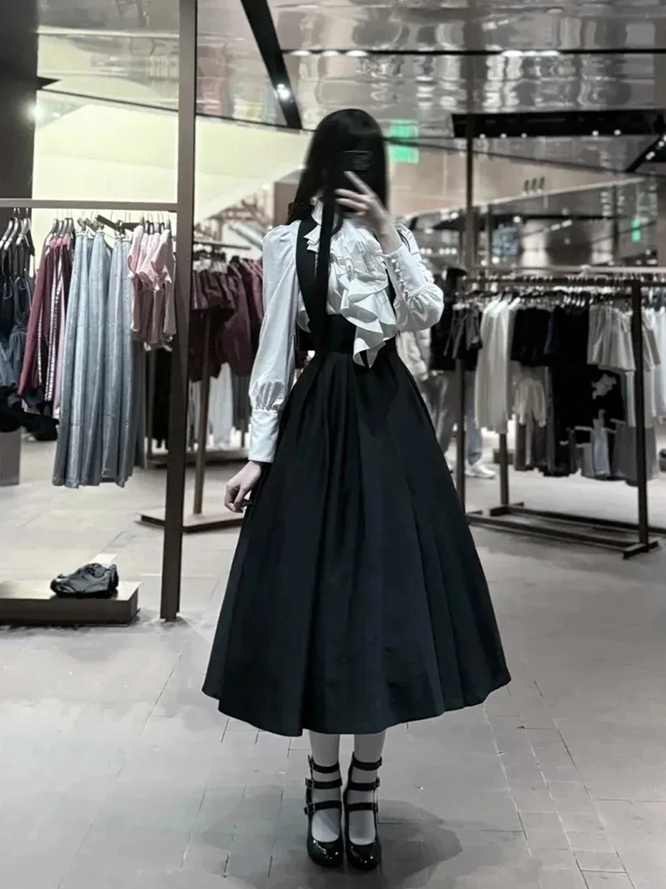 

Осень 2023, новинка Sle White Long Sve irt Bla Strap Long Dr, комплект из двух предметов, женский модный комплект Courtly Feeling