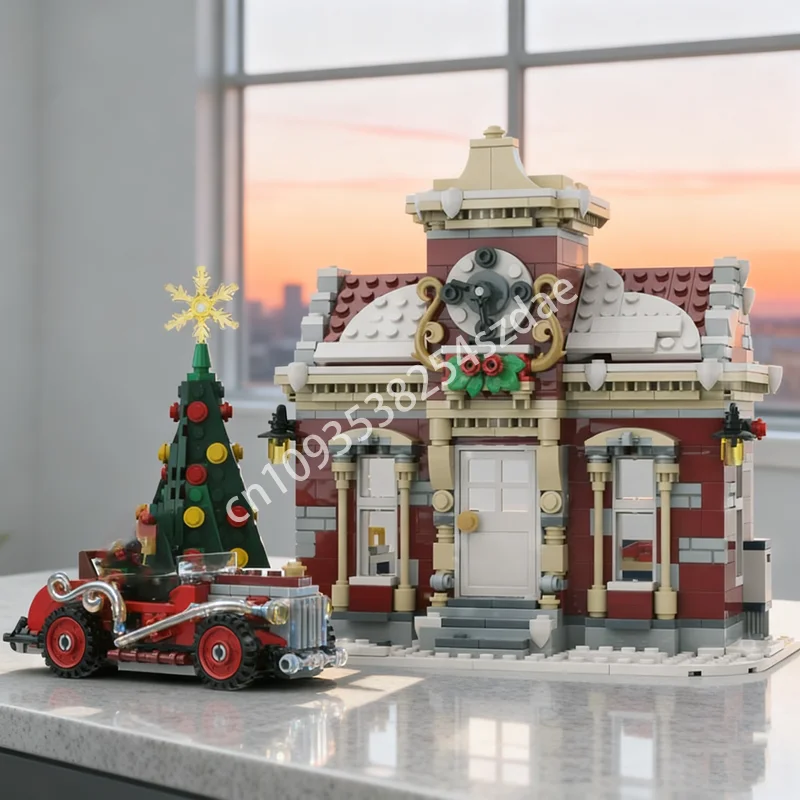 

983 шт. MOC, маленький зимний городской зал, сезонная рождественская модель, строительные блоки, конструкция, идея подарка «сделай сам», игрушка, кирпич для детей
