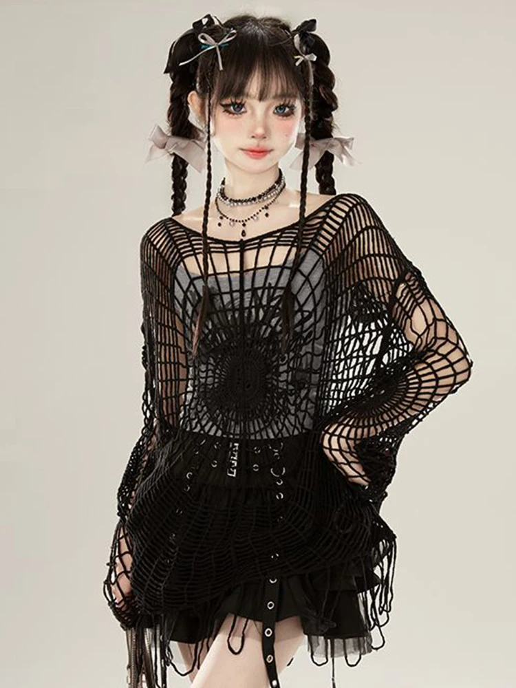 Vintage Black Hollow Out Knitted Sweater Women Y2K Off Shoulder Long Sleeve Pullovers Summer New Spider Web Hole Tops