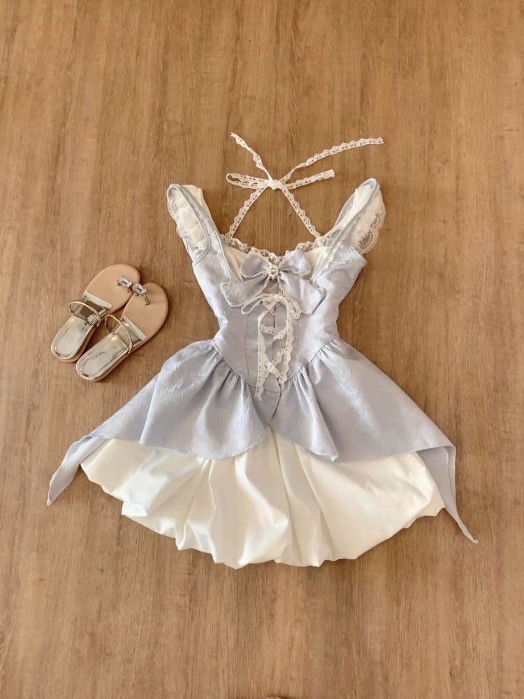 

Summer New Sweet Girl Suit Bow Flying Sleeve Bud Dress Waist Vest Two-piece Set Women France Elegant Kawaii Casual Dress Outfits