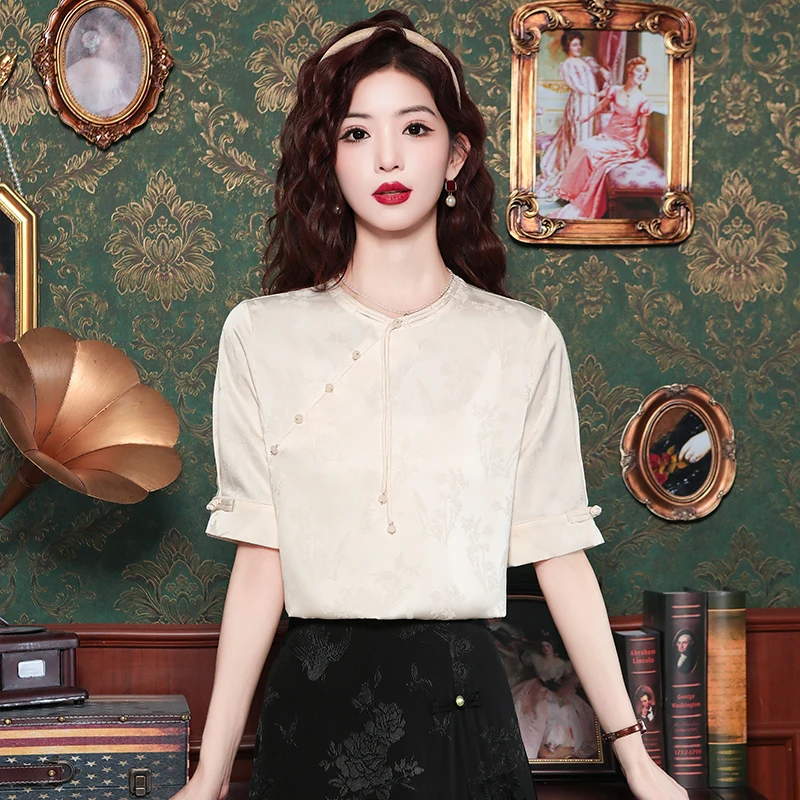 Женская шифоновая блузка с коротким рукавом и круглым вырезом, в китайском стиле