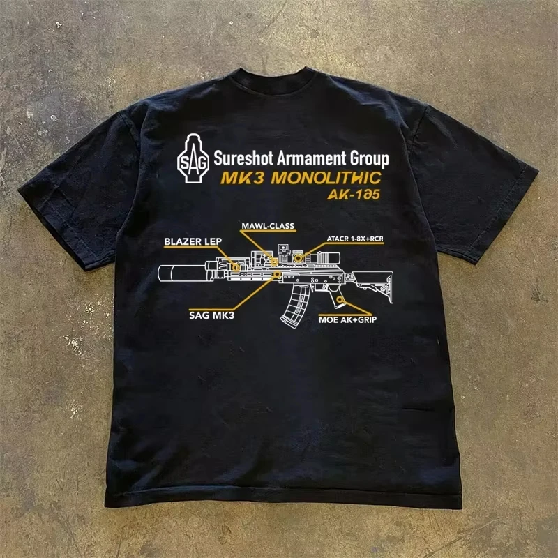 Sureshot Armament Group MK3 AK 105 Rifle Diagram Graphic T Shirt Black Cotton Short Sleeve Crew Neck Tee for Men Tactical