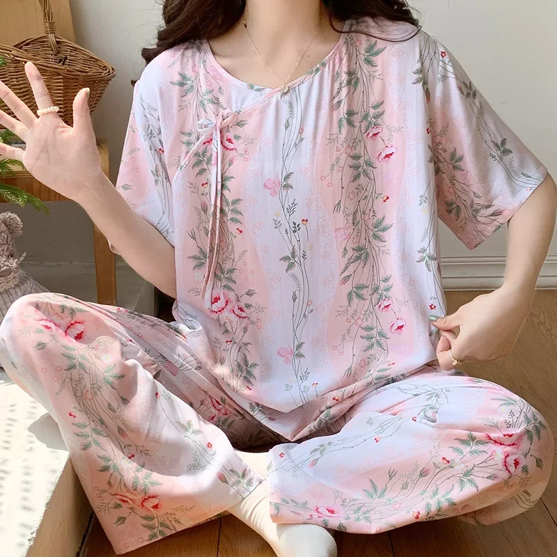 

Summer New Retro Pajamas Women Floral Printing Night Suit 2024 New Female Short Sleeve Sleepwear For Sleeping Pyjama Night Wear