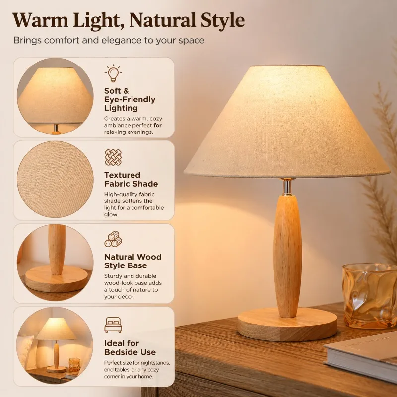 

Nordic Minimalist Solid Wood Table Lamp Japanese Style Bedside Lamp with Fabric Shade for Bedroom Living Room Nightstand Decor