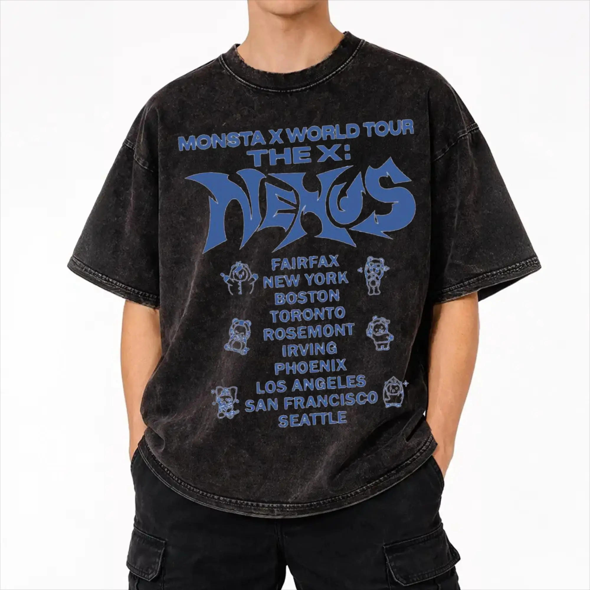 Monsta X the X Nexus North America World Tour Washed T Shirts Streetwear Hip Hop Cool T-Shirts  Tee Shirt Men Women