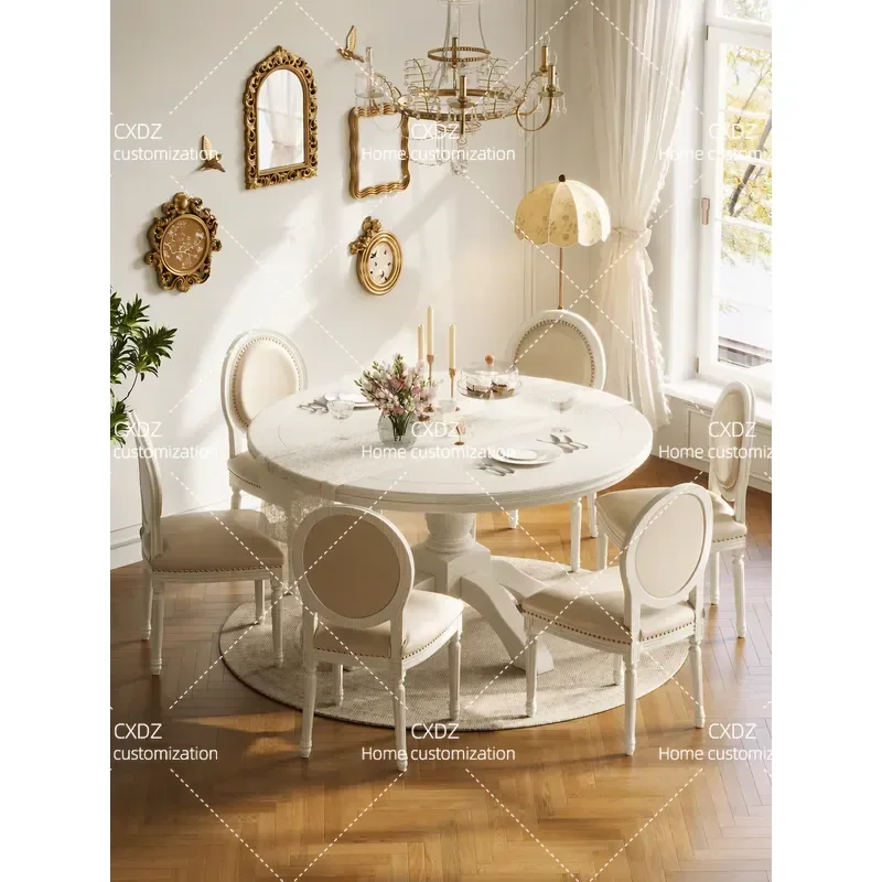 American White Solid Wood Round Dining Table and Chairs Set French Cream Style Ash Wood Home Restaurant Furniture