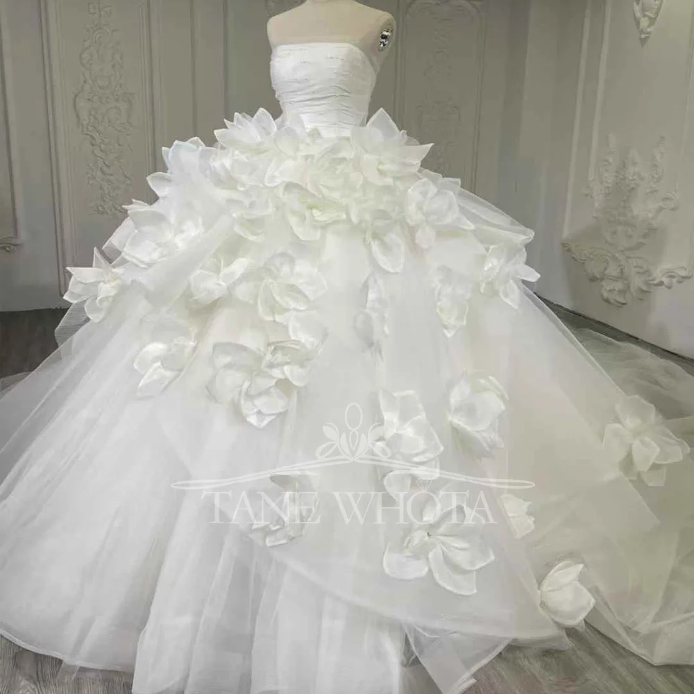 Robe De Mariée Femme Strapless Lace Up กลับหรูหราชุดบอลซาตินชุดแต่งงานดอกไม้