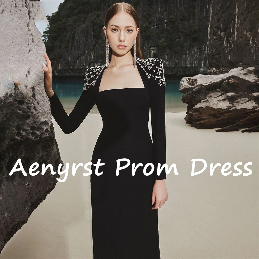 Aenyrst Long Sleeves customized Floor Length Prom Dresses Square-Neck Crystal Evening Gowns Elegant Wedding Party Formal Gowns