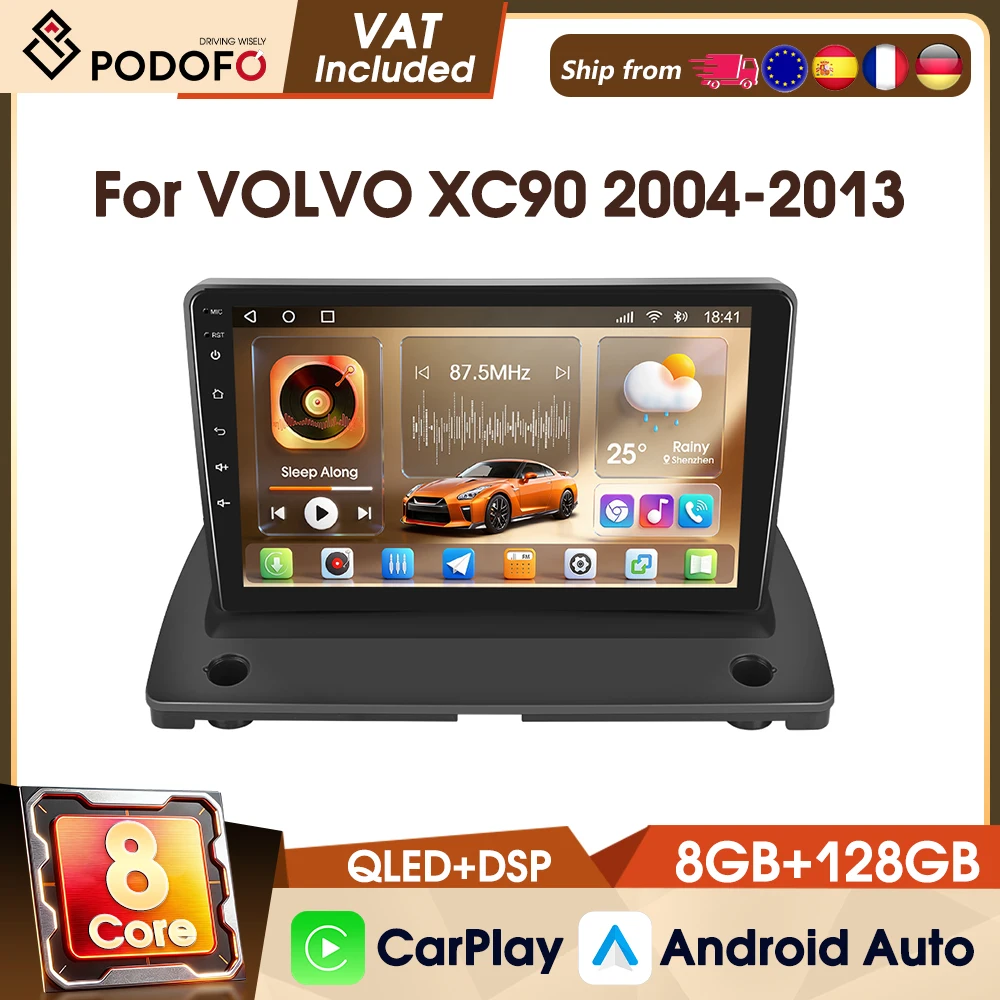 Podofo 9" Universal Android 8-Core 8+128G 2Din Autoradio für VOLVO XC90 2004-2013 Auto-Audio WIFI GPS FM RDS IPS-Bildschirm Kabelloses CarPlay Android Auto