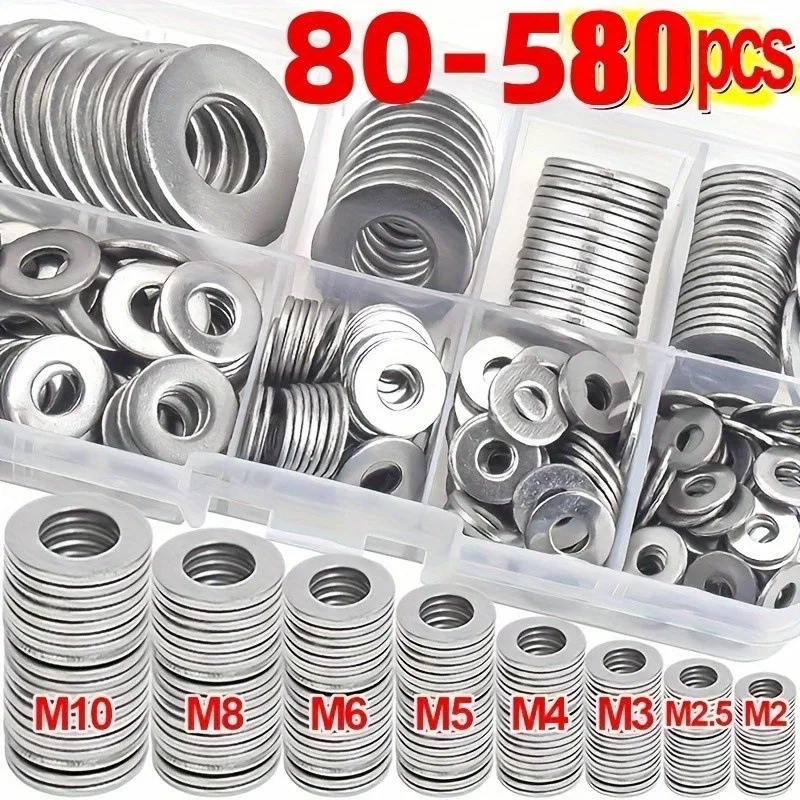 80/180/360/580pcs 304 Stainless Steel Flat Washers Set, Perfect For Home Decor, Factory Repair, Kitchens, Shops & More