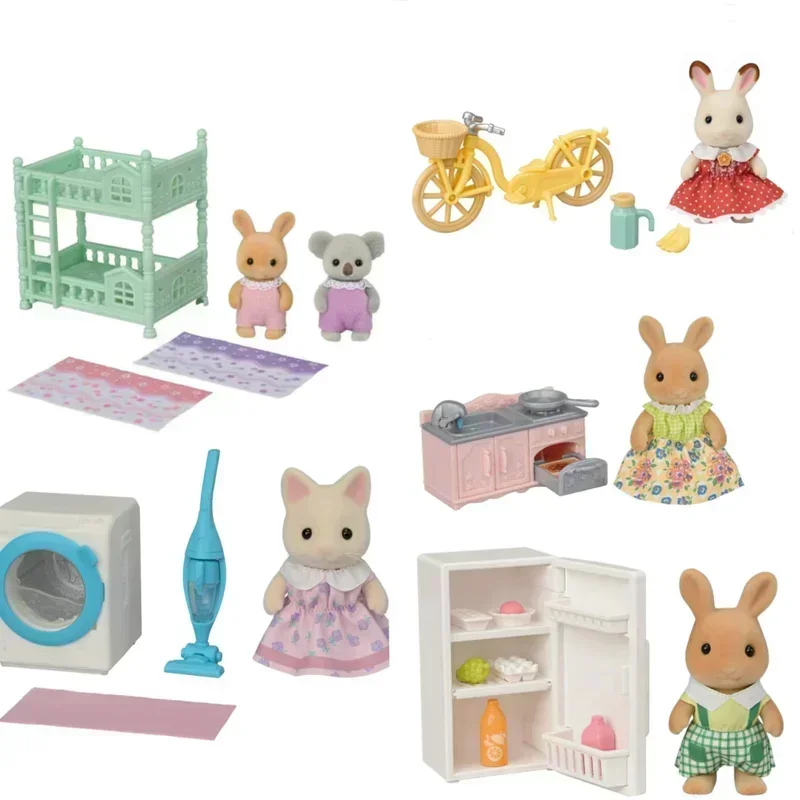 シルバニアの家族のための群がったおもちゃ,かわいいキッチン家具,自転車のアニメフィギュア,部屋の装飾,ギフト
