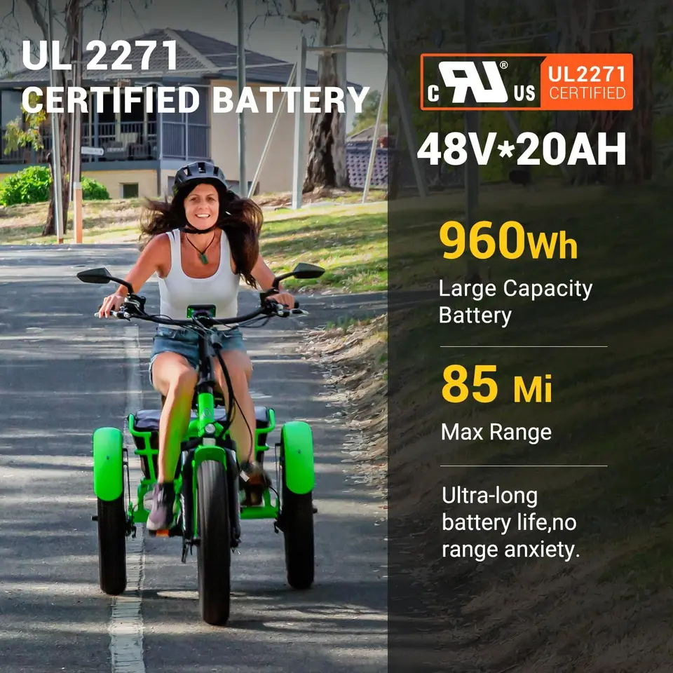 M-360 Electric Tricycle for Adults, UL2849 3 Wheel Electric Bicycle, 750W 85Mi 48V 20Ah 380LBS 20'' Semi-Recum image 7