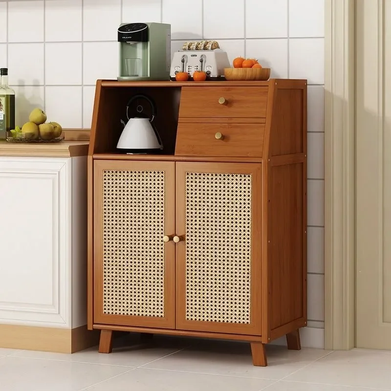 for Log Wind Rattan Door Dining Side Cabinet with Drawers Open Lattice Storage for Home Hotel Restaurant Multi-functional