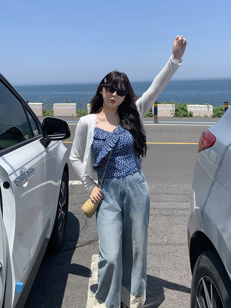 

Прямые джинсы с высокой талией, женские джинсовые брюки больших размеров с кружевной отделкой, корейская летняя коллекция, чистый цвет