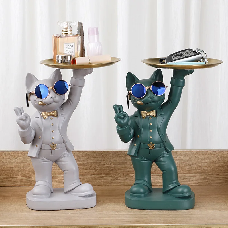 

Прохладная скульптура кошки с поддоном, скульптура из смолы, креативные украшения, поделки, конфеты, всякая всячина, товары для дома, гостиной