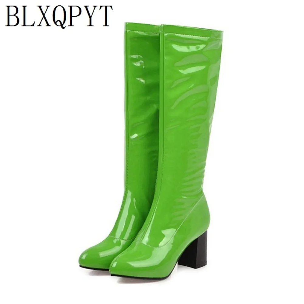 BLXQPYT أحذية الركبة عالية النساء أشار تو لطيف لون الحلوى كتلة عالية الكعب الجانب البريدي فستان الحفلات السببية منصة طويلة الأحذية 8755