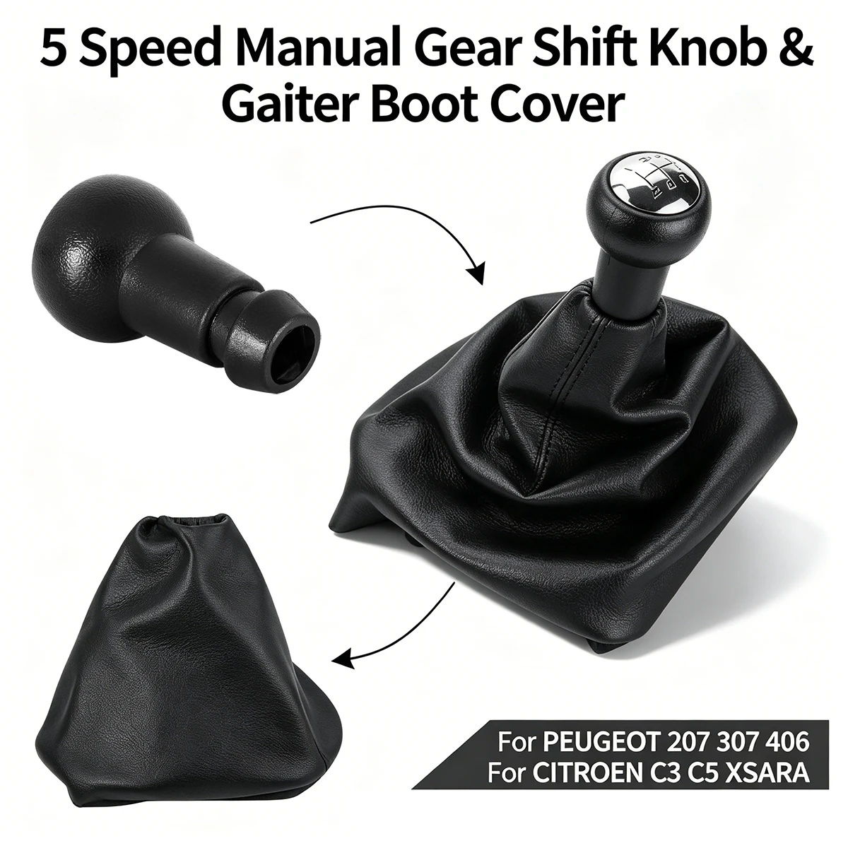 For Peugeot 207 307 406 Citroen C3 C4 C5 XSARA - 5 Speed Gear Shift Knob with Gaiter Boot, Manual Shifter Lever