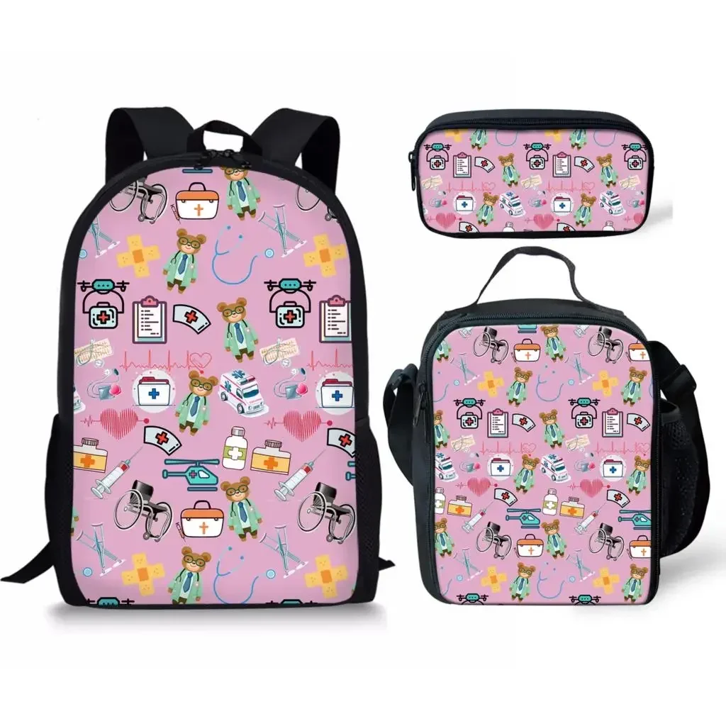 Popular moda enfermera corazón 3 unids/set mochila personalizada estudiante bolsa de gran capacidad viaje portátil mochila bolsas de almuerzo estuche para lápices