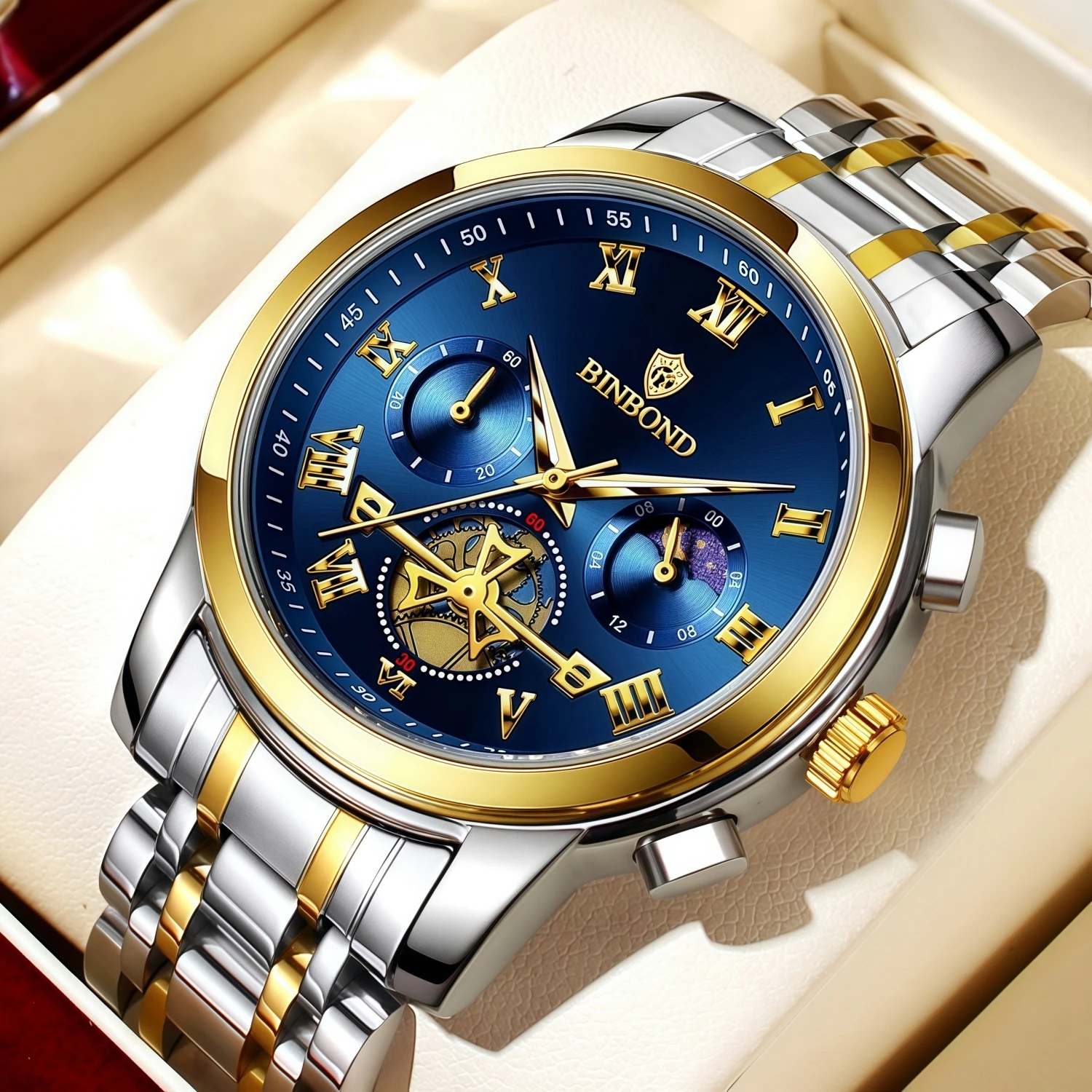 Relógio Masculino BINBOND de Marca Empresarial com Pulseira de Aço Inoxidável, Mostrador Azul, Resistência à Água 30M, Mostrador Romano, Ideal para Presentear em Festivais