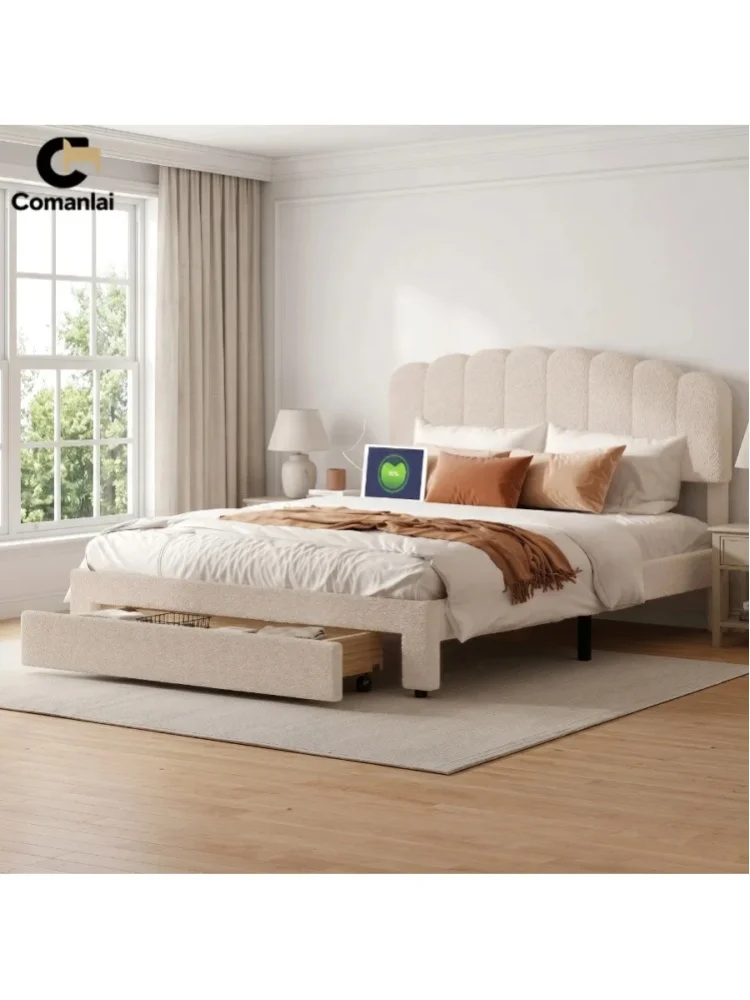 Comanlai 160x200cm Polster-Doppelbett mit großer Schublade und Kopfteil aus Teddy-Samt, Bettgestell mit Lattenrost