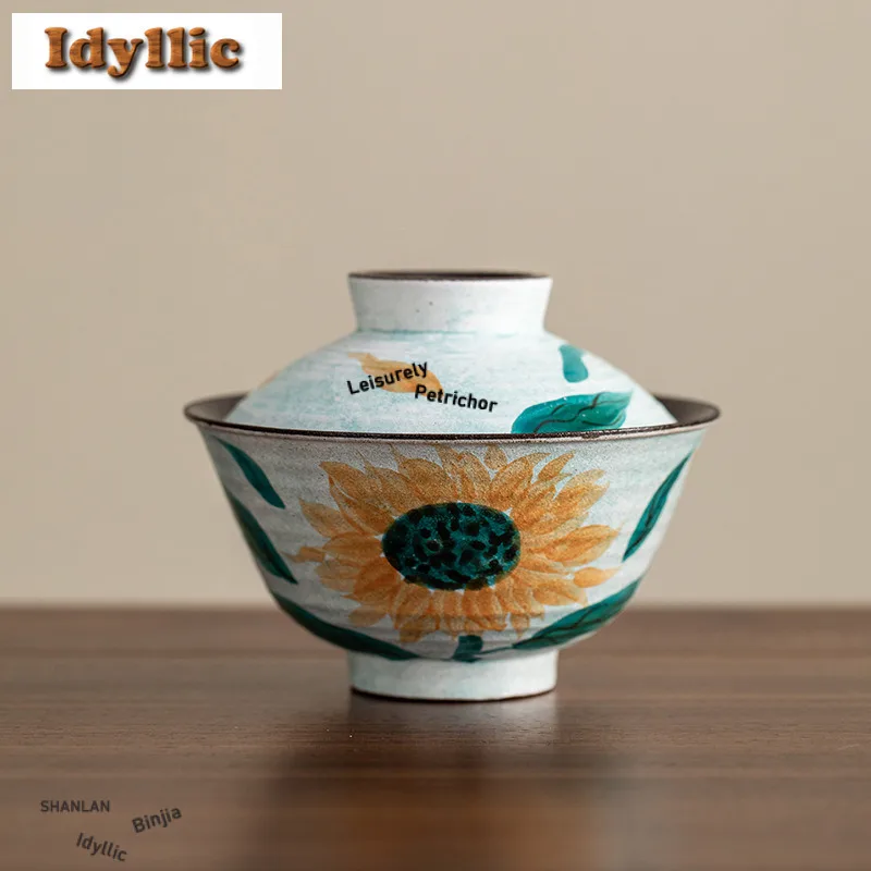 

115 мл ручная роспись подсолнечника с резьбой Gaiwan японская чайная вареная чайная чаша с крышкой комплект крышка для заваривания чая миска для украшения чая