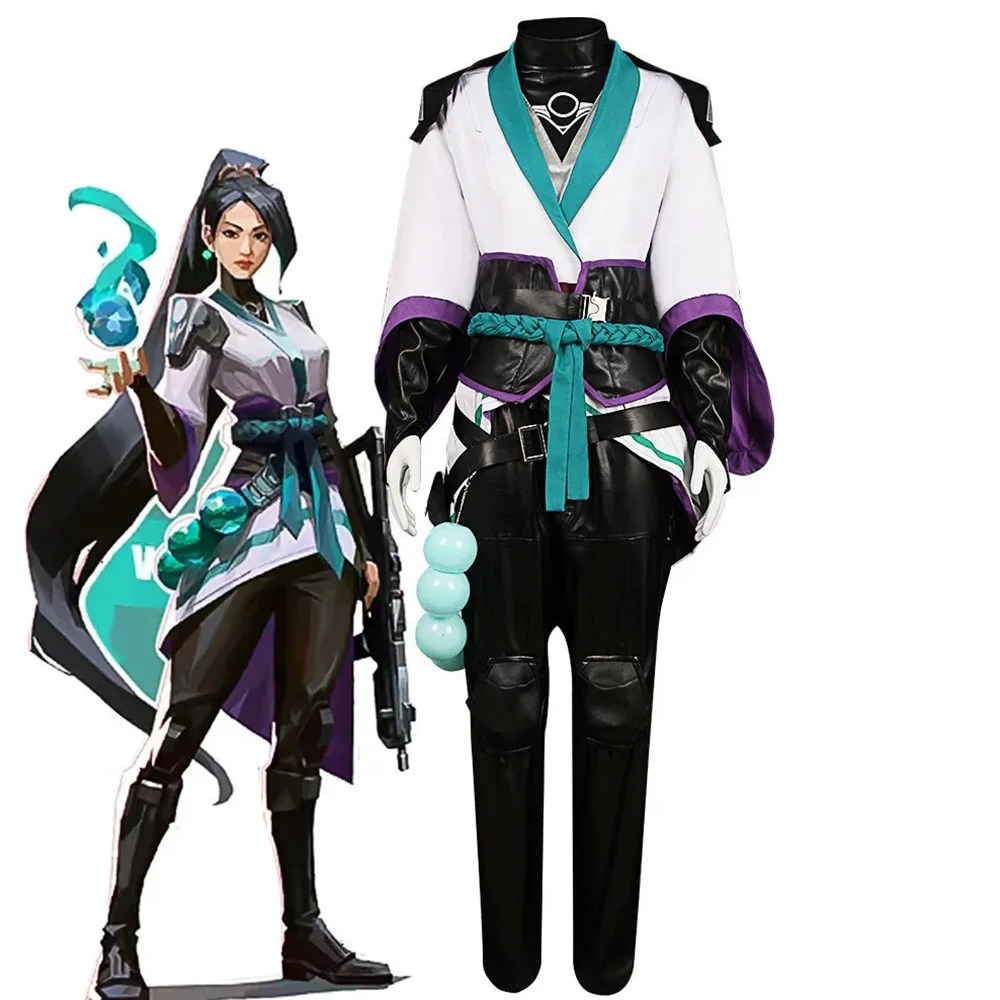 

Game Valorant Sage Cosplay Costume Black Leather Top Pant White Jacket Women Halloween Party Carnival Uniform Suit Accessories