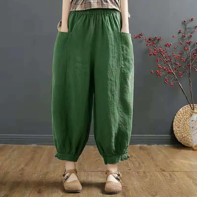 

Cotton Linen Women's Loose-Fit Vintage Pants High-Waisted Harem Trousers Casual Spring Summer Fashion Wide-Leg Pants A340