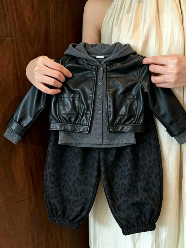 Girls Motorcycle Style Long Sleeve Outfit Leopard Print Pants Three Piece Set Fashionable Children's Clothing Autumn Collection