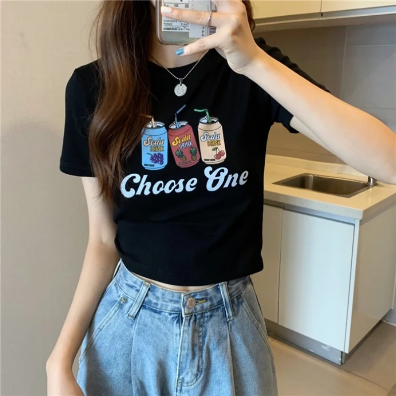 Cute Cartoon Letter Printed T-shirt Women Girls New Korean Tight Slim Black White Short Sleeve Cropped Tops Summer New