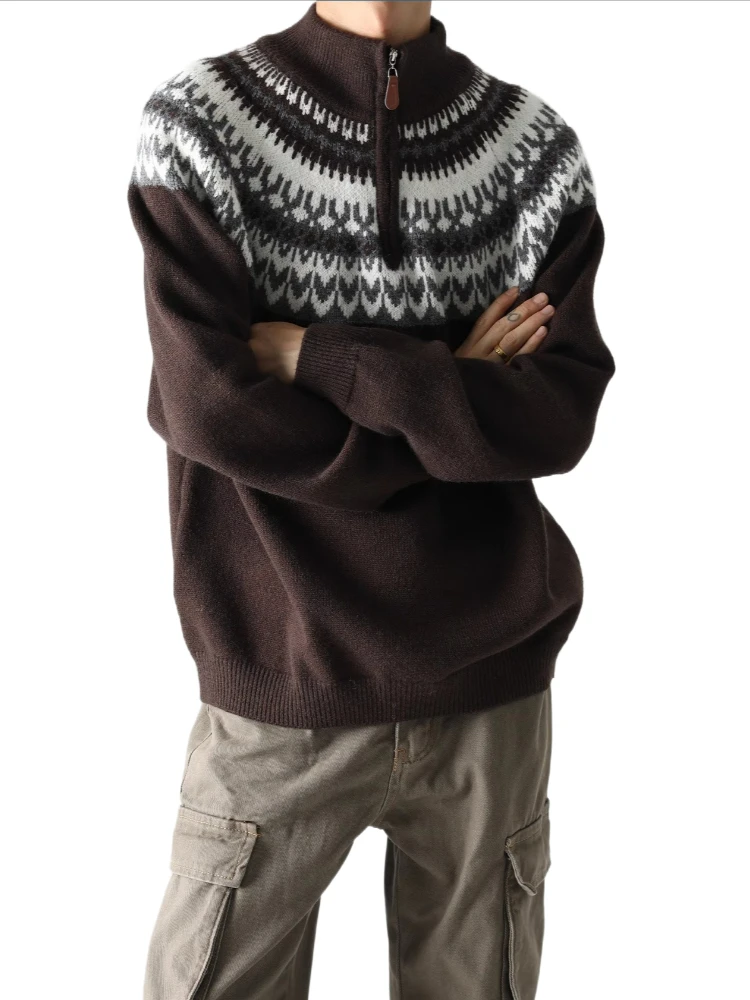 

Мужской зимний американский ретро-свитер Fair Isle с полумолнией, жаккардовый вязаный свитер с геометрическим рисунком и воротником-стойкой, большие пуловеры со снежинками для пар