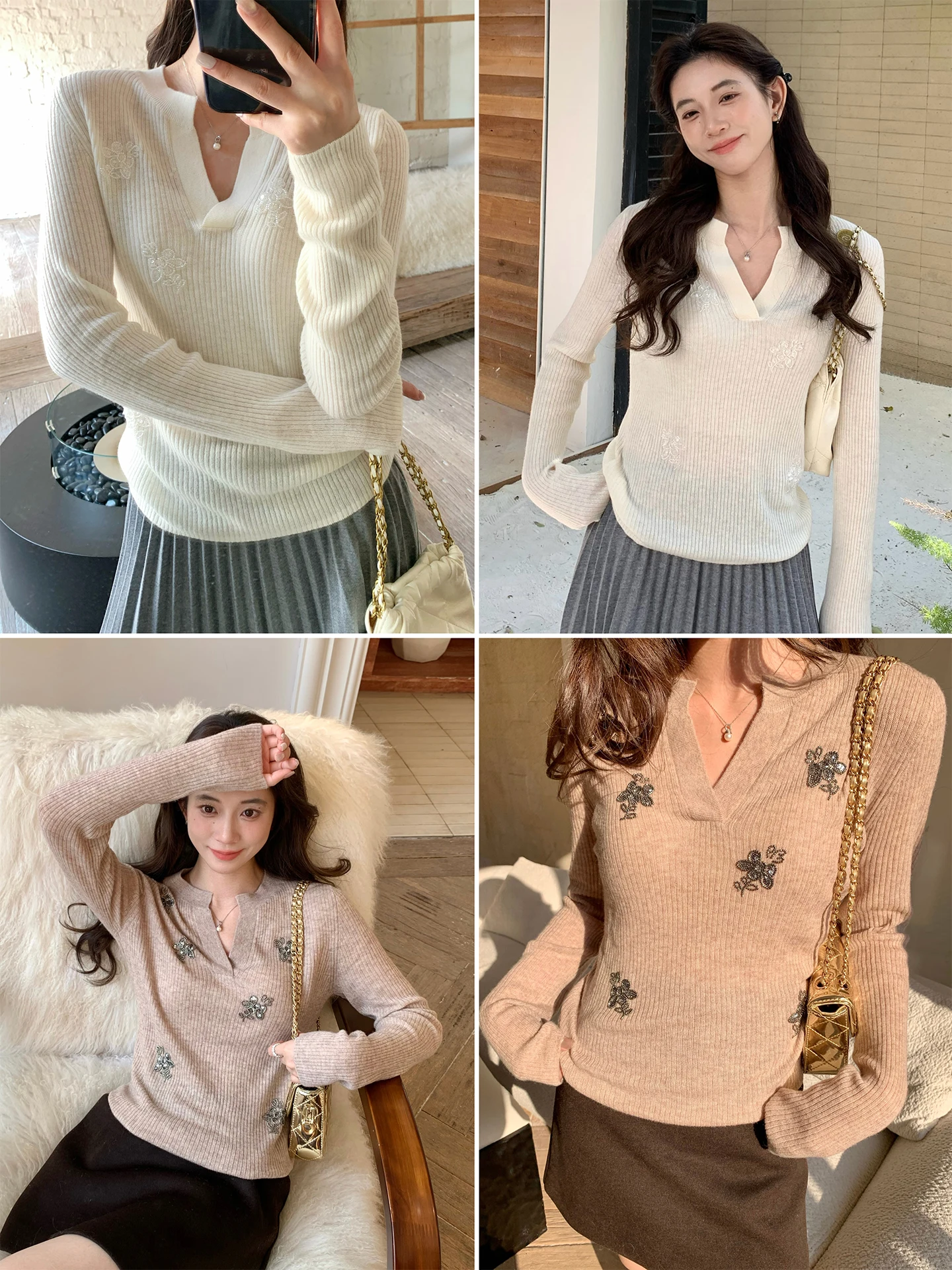 

Женский шерстяной вязаный свитер INON с V-образным вырезом, вышивкой и цветочным узором, осенне-зимний, базовый, стандартный крой, длинный рукав